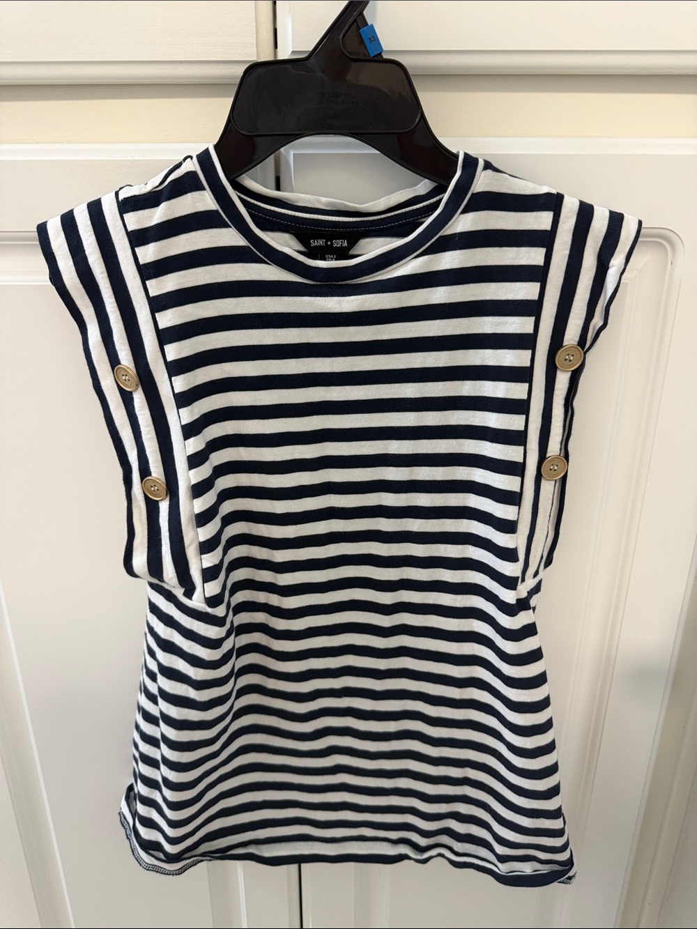 Striped Navy & White Sleeveless Top with Button Detail